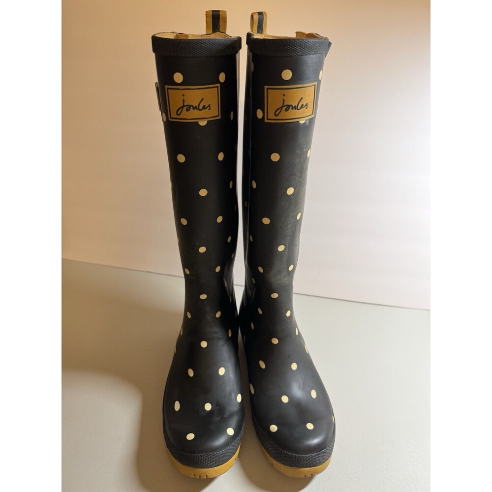 Joules Womens Molly Welly Tall Rain Boots, Polka Dot US Size 8 Black Yellow Cute
